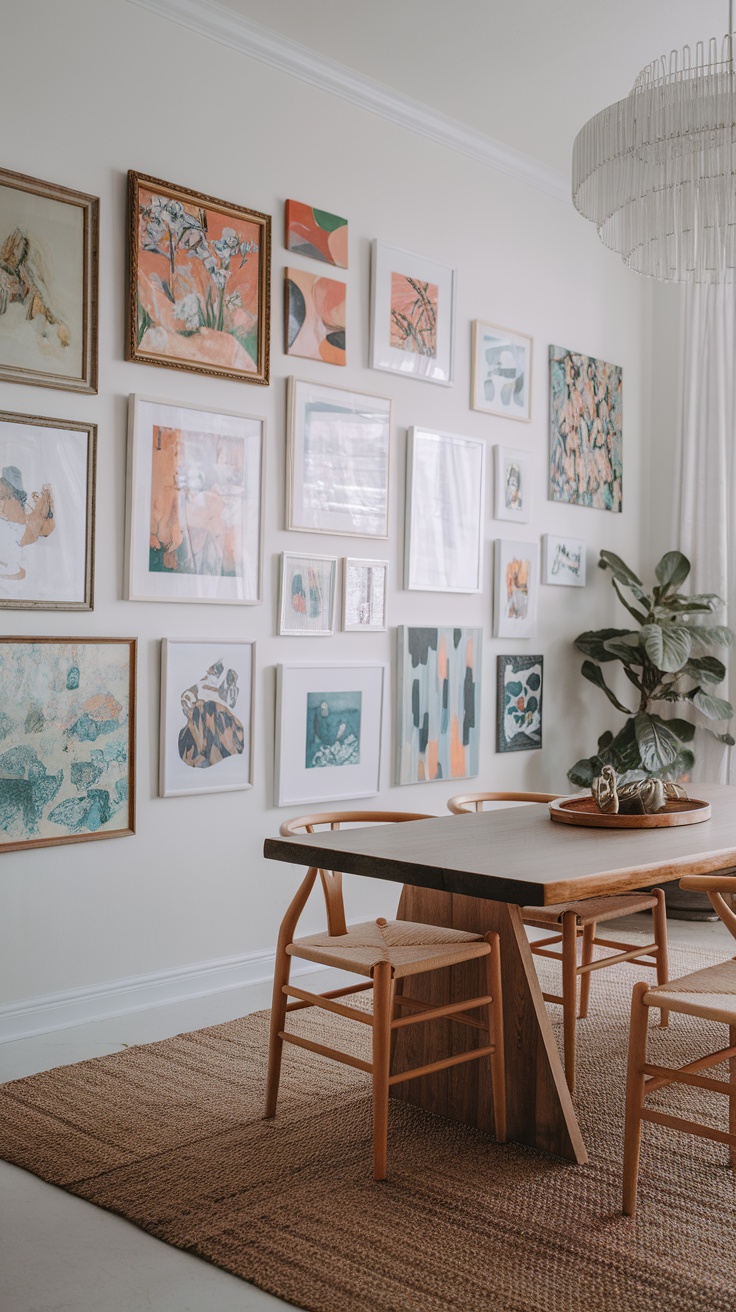 A boho dining room showcasing a colorful wall art display with various framed artwork.