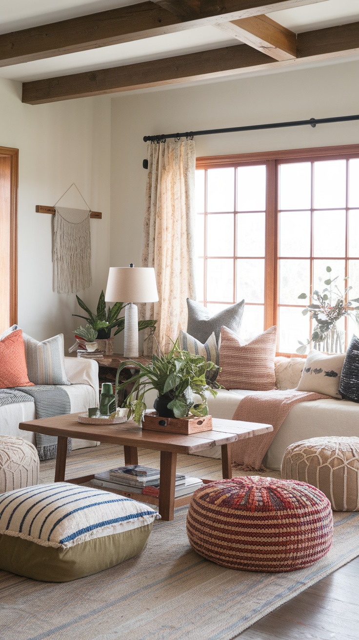 A boho chic living room featuring a cozy couch with colorful cushions, a wooden coffee table, and various floor poufs.