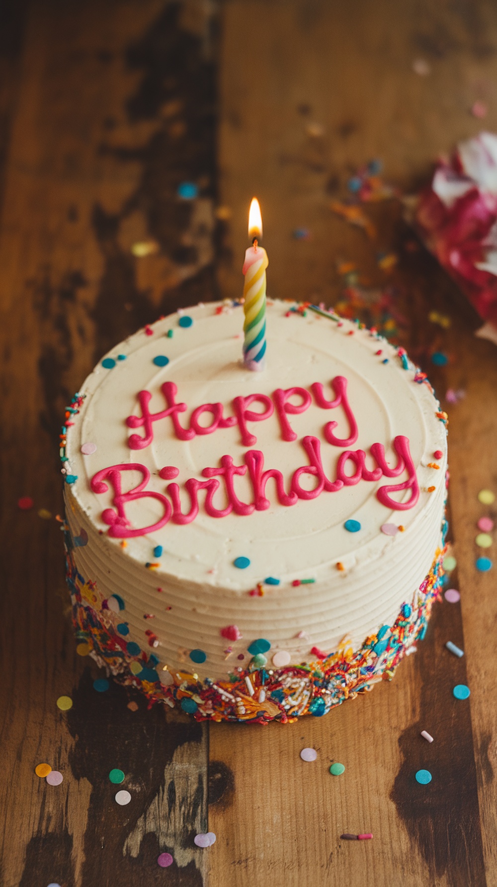 A colorful birthday cake with sprinkles and a lit candle on top, sitting on a wooden table.