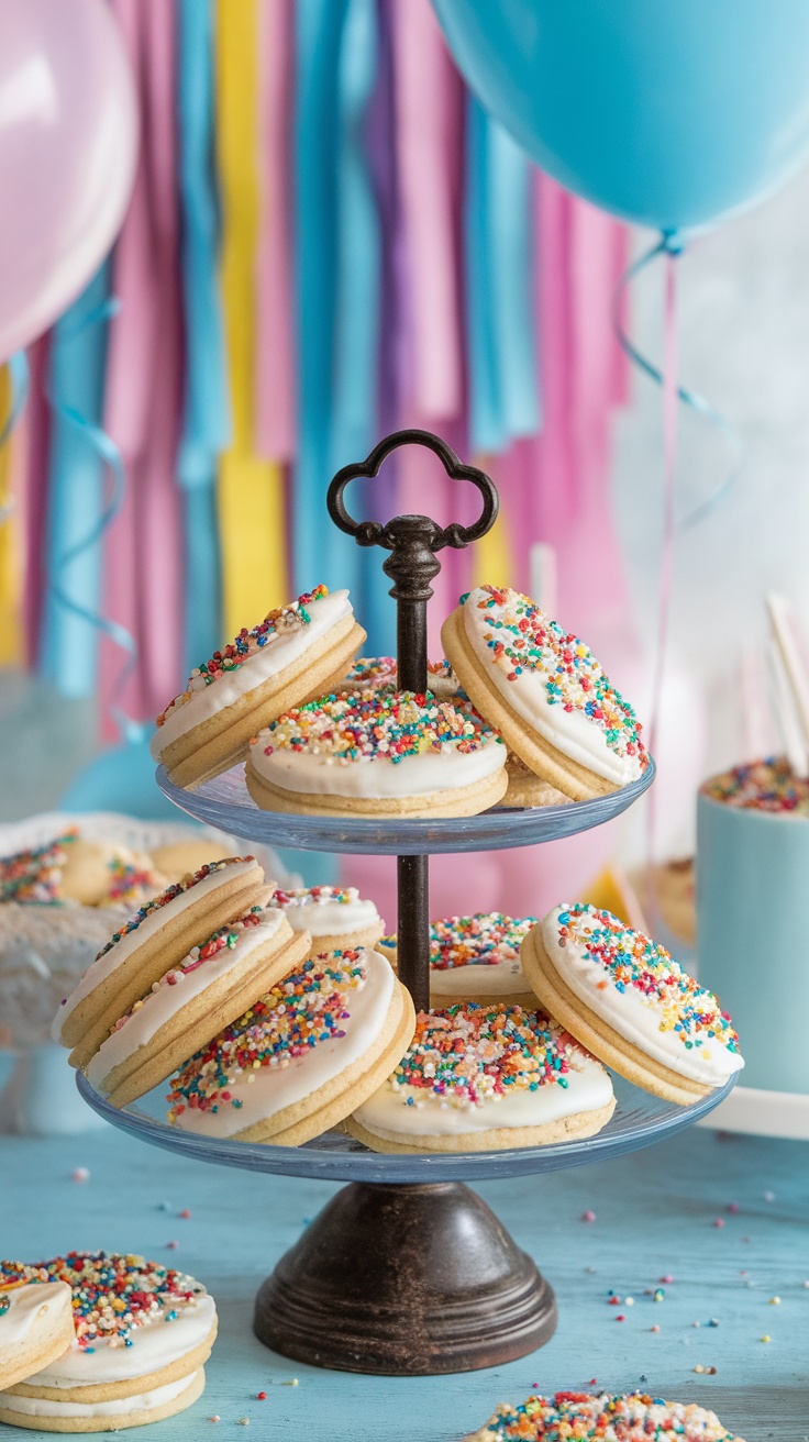 A tiered stand filled with colorful confetti celebration cookies, surrounded by balloons and streamers.