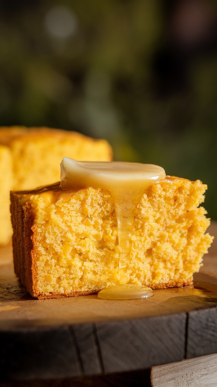 A slice of cornbread topped with honey butter, showing its soft texture and vibrant yellow color.