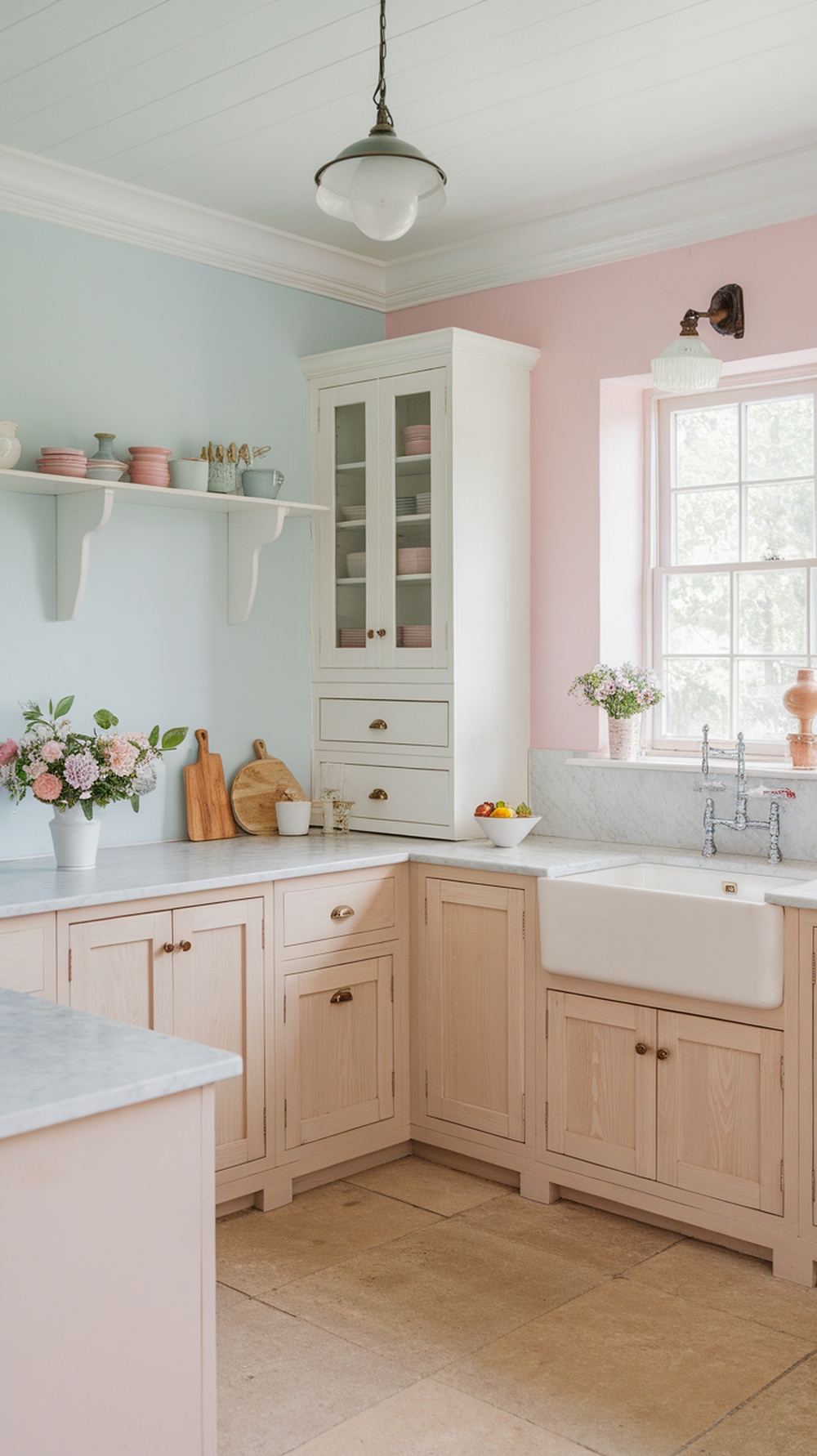 A charming cottage-inspired kitchen with pastel pink and blue walls, light wood cabinetry, and floral decorations.