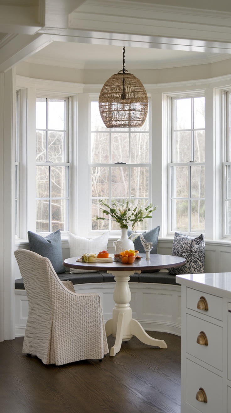 Cozy breakfast nook with large windows, a round table, and soft cushions in a white coastal kitchen