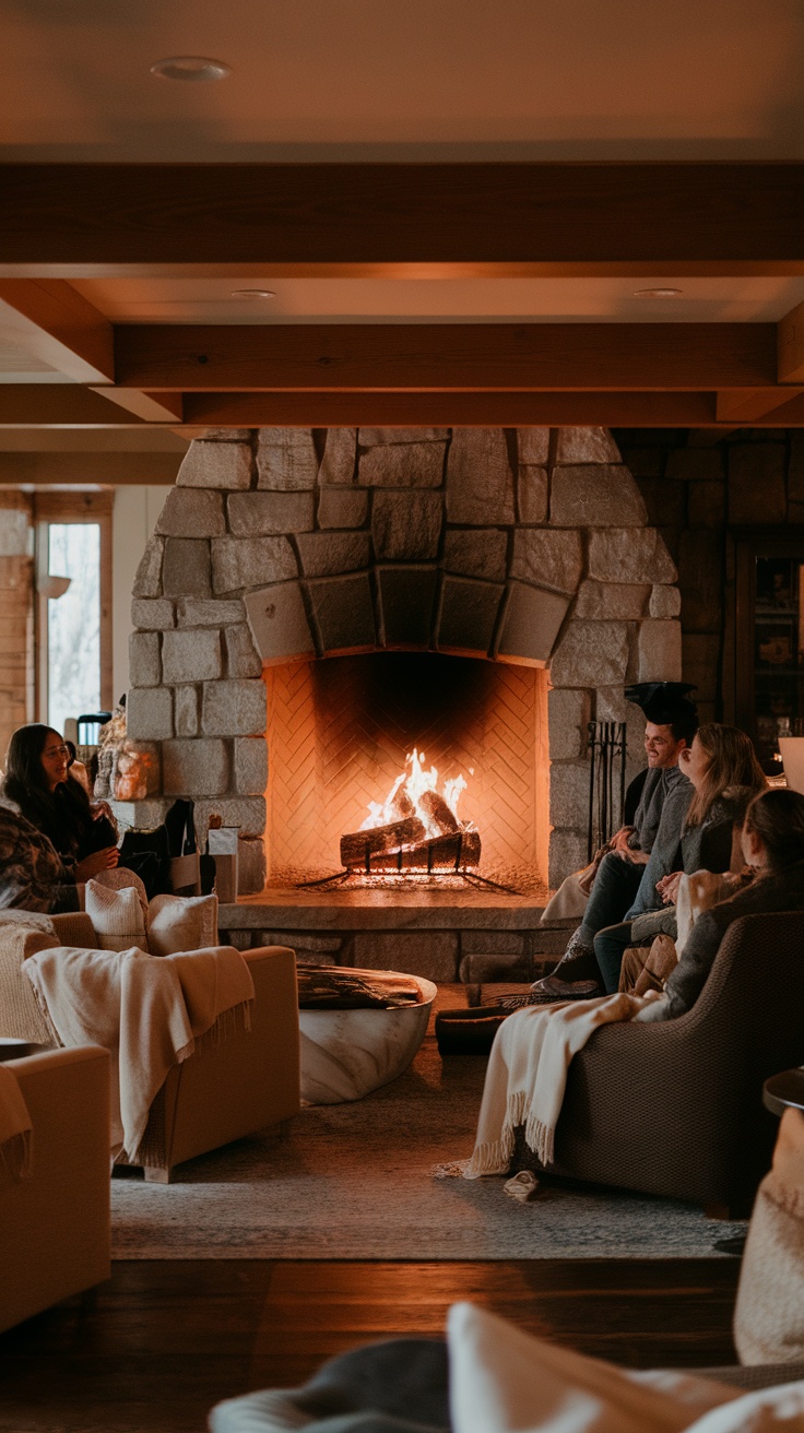 Cozy living room with a fireplace surrounded by people enjoying a gathering.