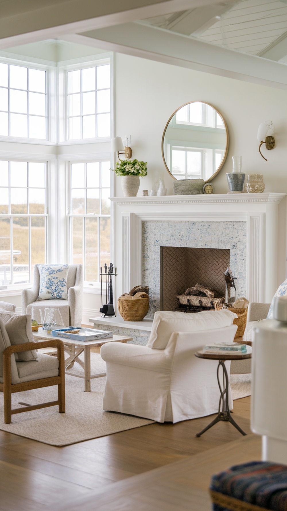 Cozy living room with a fireplace, light colors, and inviting decor