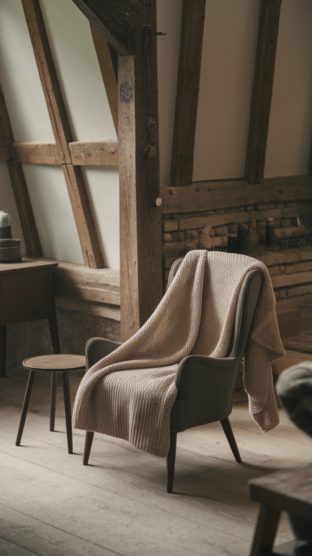 Cozy knitted throw blanket draped over a vintage chair in a rustic setting.