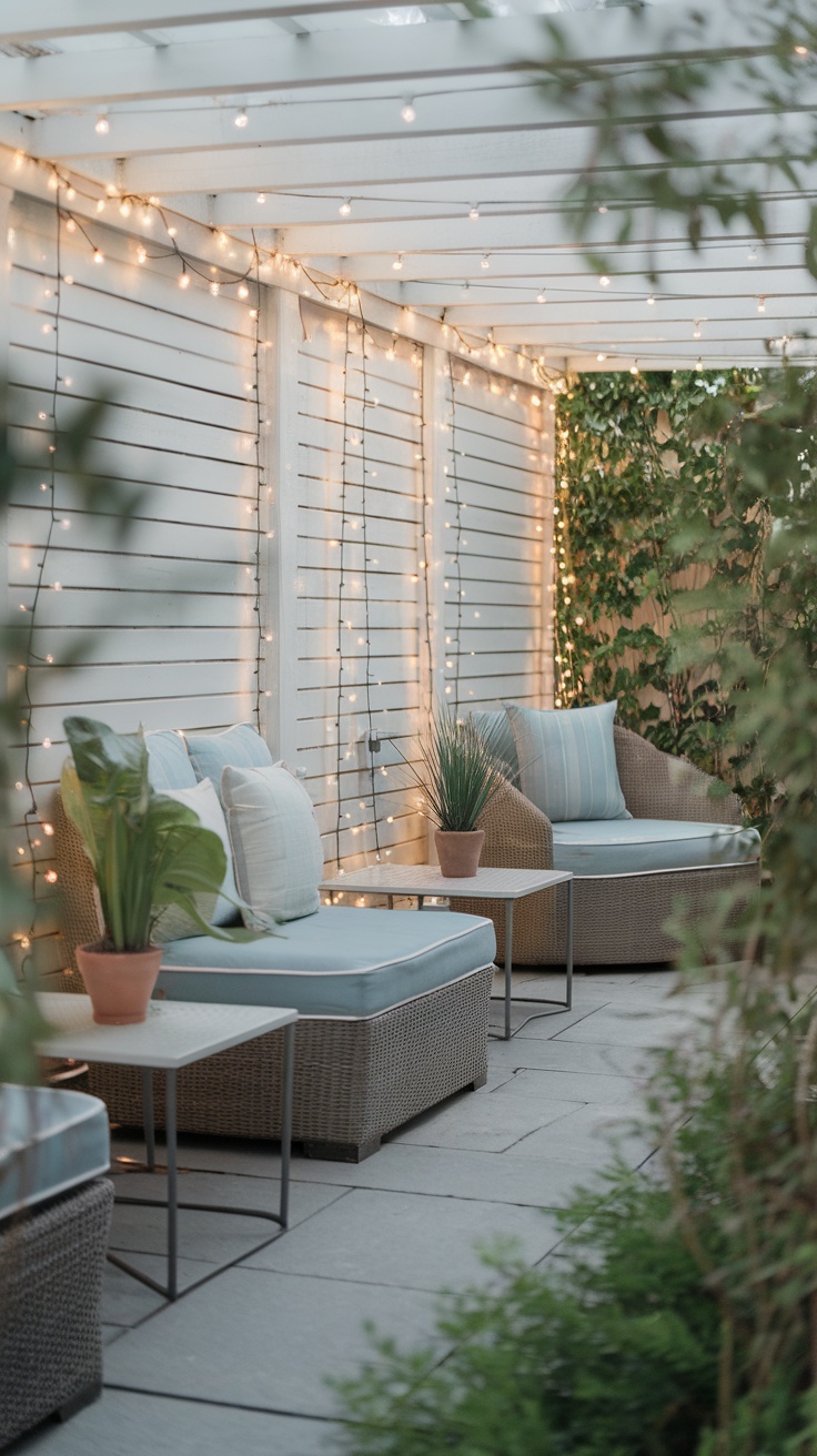A cozy outdoor lounging area with wicker chairs, cushions, and string lights.