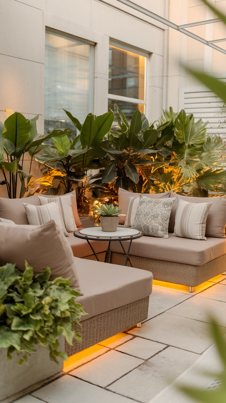 Cozy outdoor seating area with plush couches and greenery