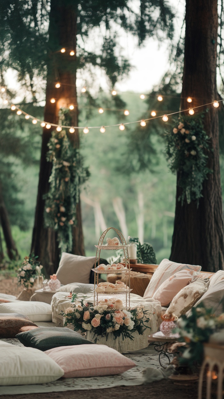 Cozy outdoor tea party setup with pillows, pastries, and string lights