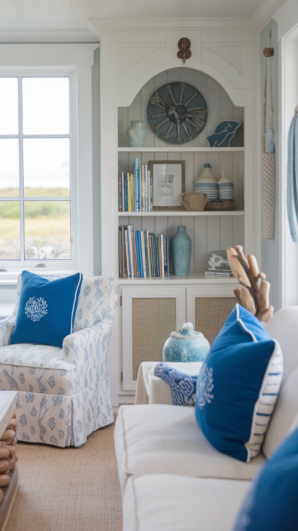 A cozy reading nook in a modern coastal living room featuring a blue patterned chair, white sofa, and a bookshelf with decorative items.