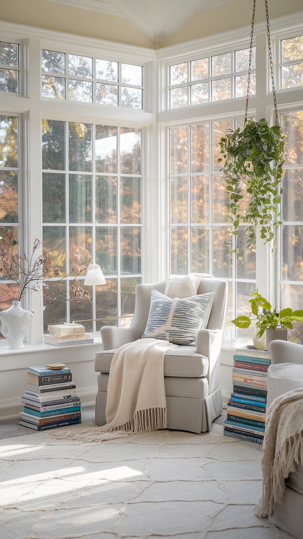 A sunroom with a reading nook featuring a comfy chair, stacks of books, and large windows letting in natural light.