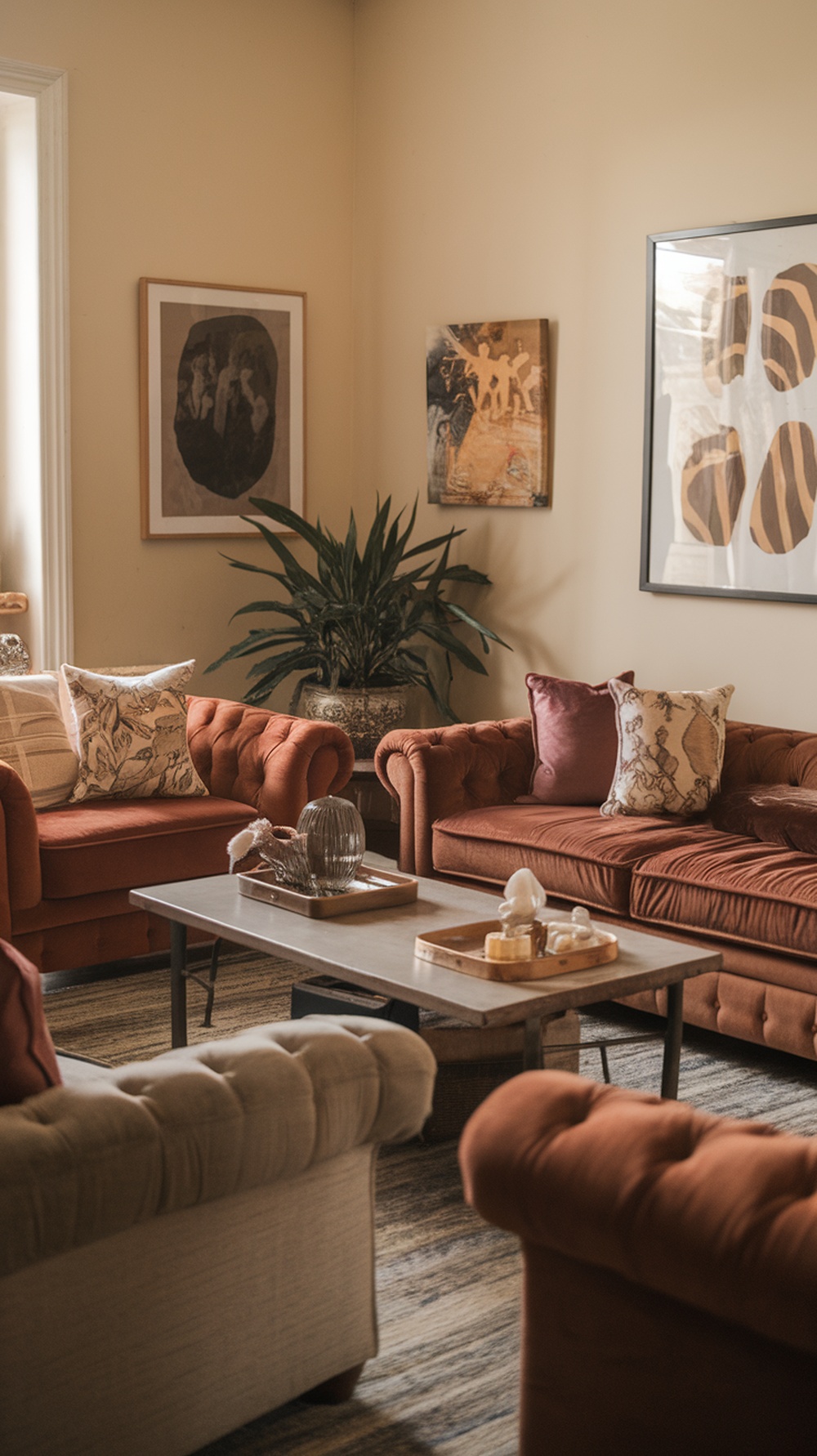 A cozy seating arrangement in a French country living room with warm-toned sofas, decorative pillows, and a coffee table.