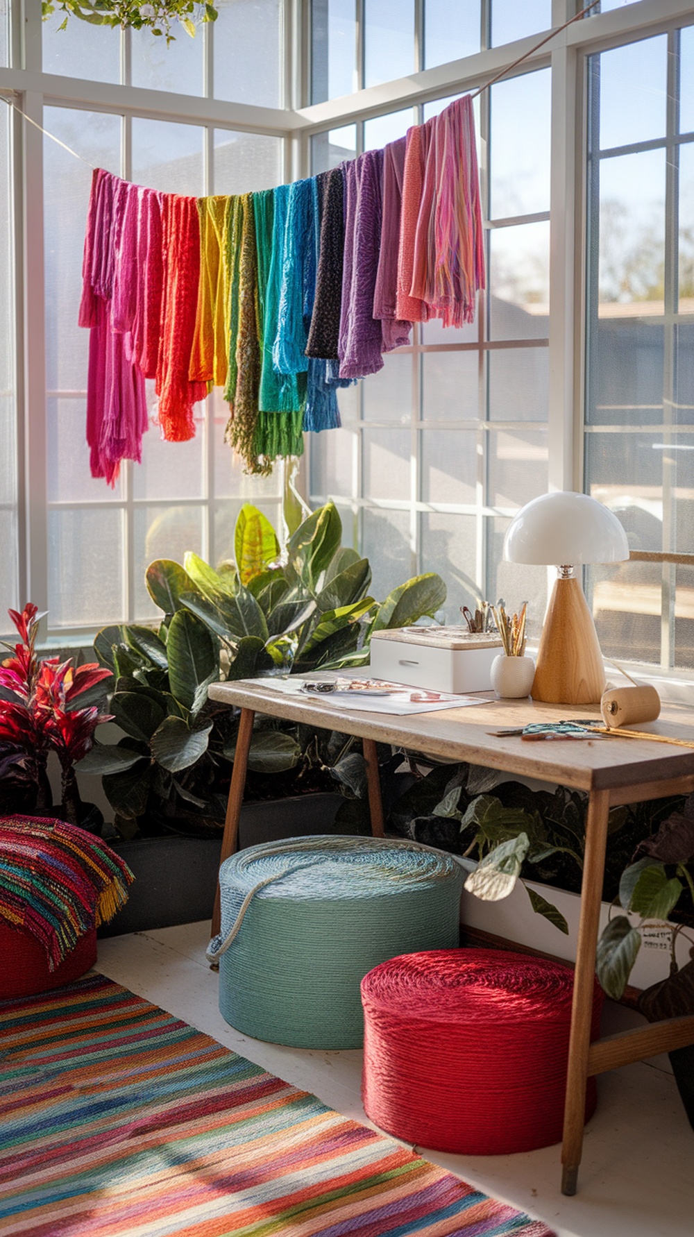 A sunroom with a colorful craft corner featuring bright fabrics, a wooden table with art supplies, and lush plants.