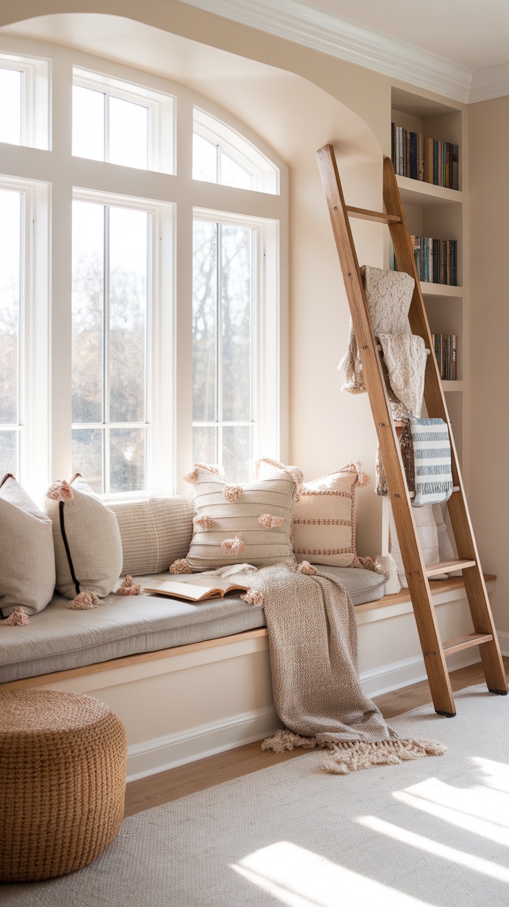 A cozy boho chic living room nook with a window seat, cushions, a ladder, and a pouf.