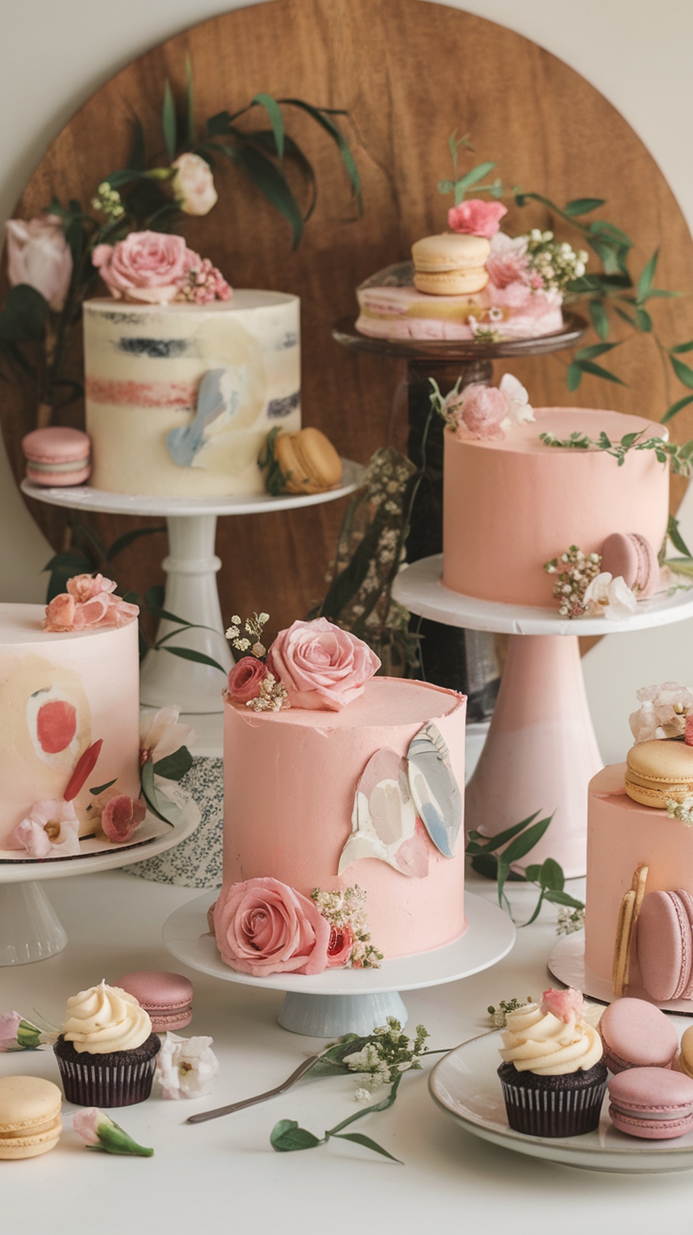 A beautiful display of cakes and desserts decorated with flowers for Mother's Day.