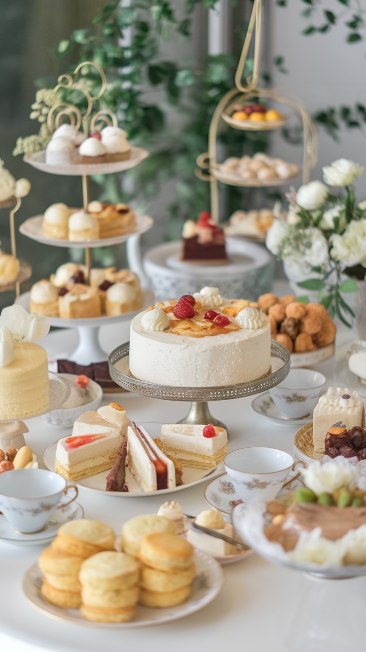A beautifully arranged dessert table with various cakes, pastries, and scones, featuring floral accents and vintage china.