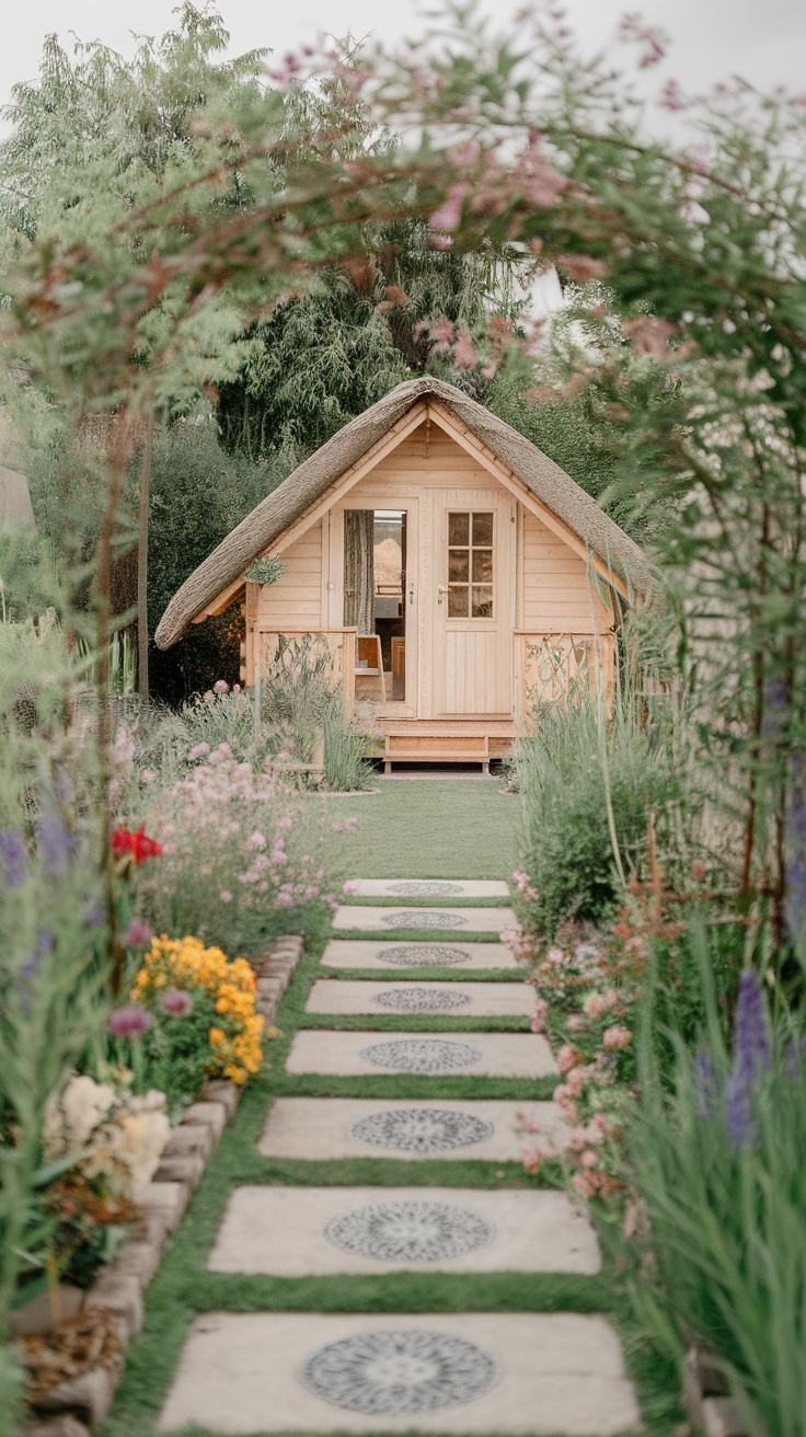 A serene garden pathway leading to a wooden summer house, surrounded by flowers and greenery.