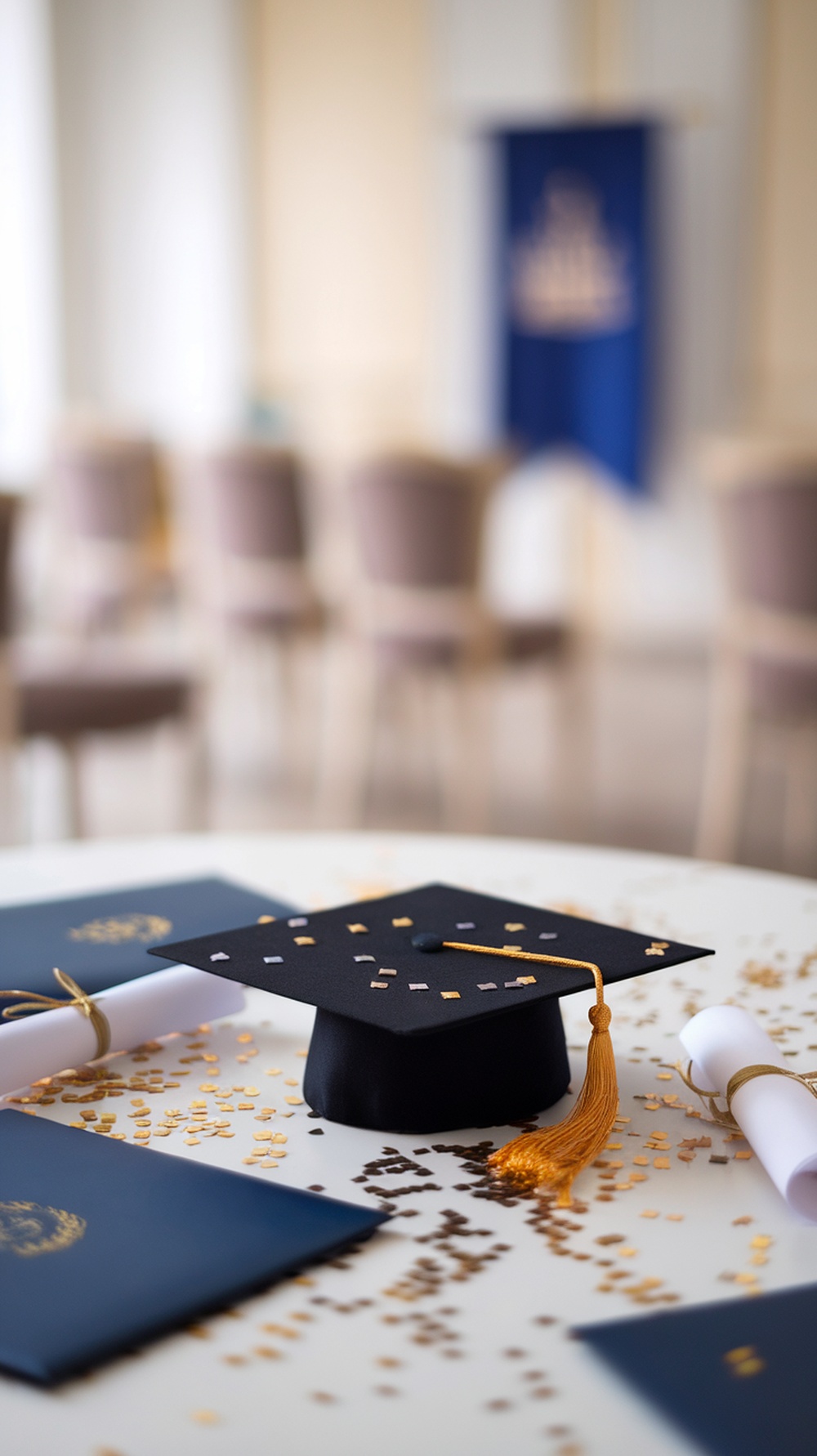 A decorated graduation cap with confetti on a table surrounded by diplomas.