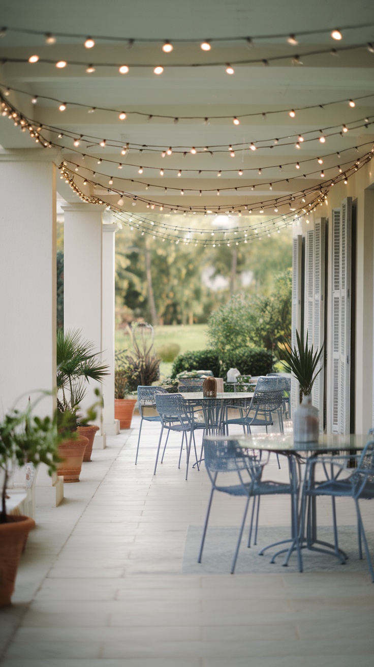 A patio decorated with strings of fairy lights overhead, featuring blue chairs and potted plants.