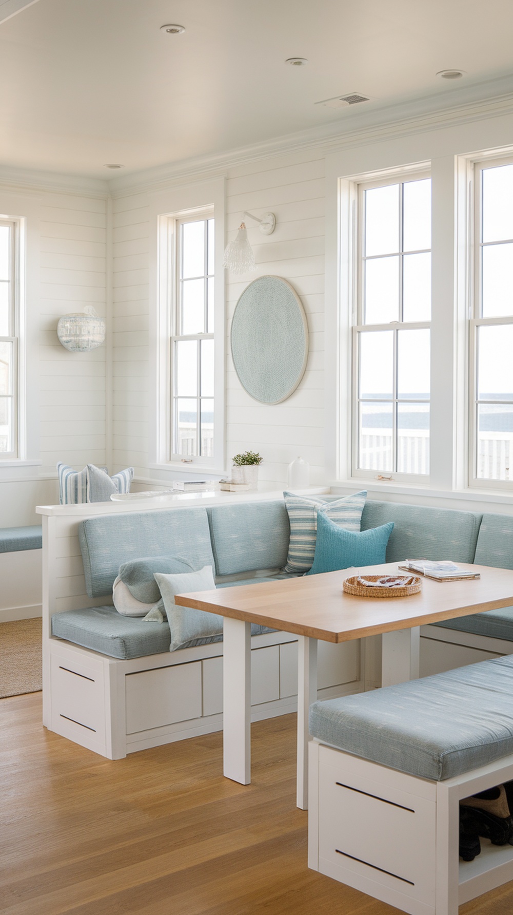 Interior of a beach house with built-in seating and natural light.