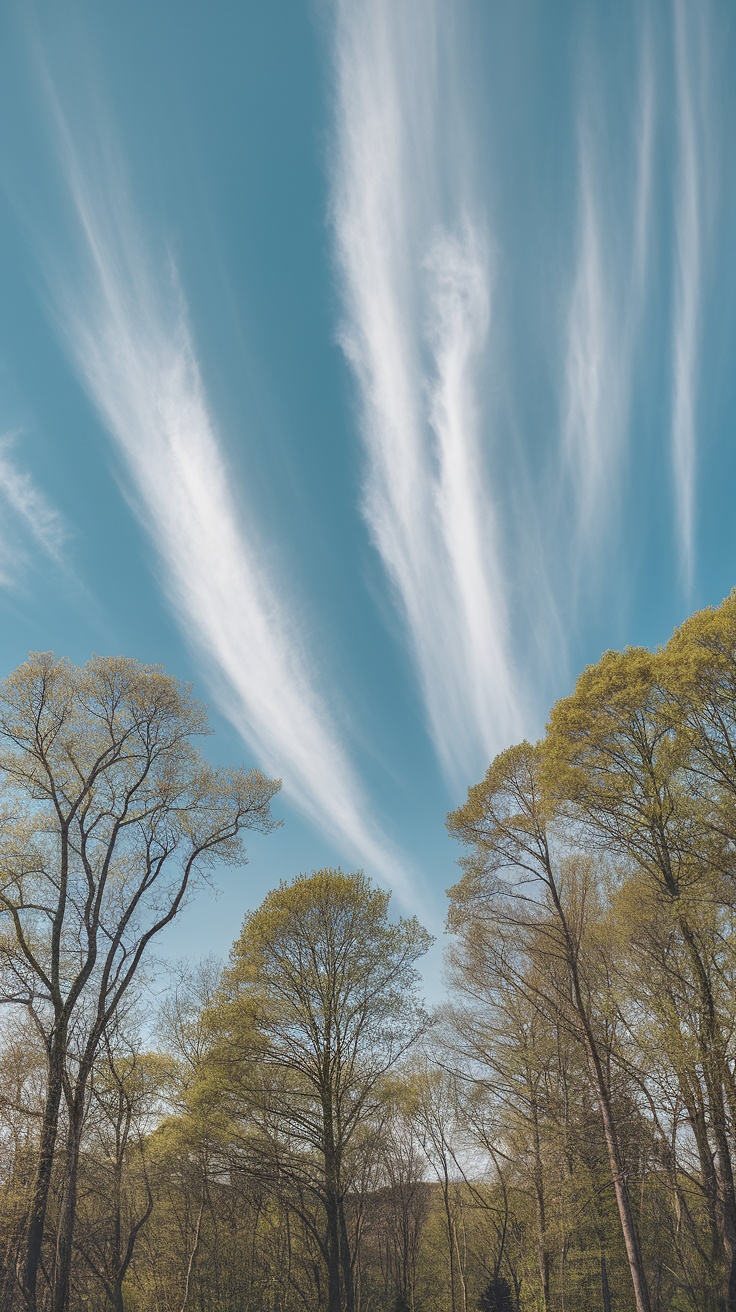 A serene view of blue skies with soft white clouds and trees in the foreground.