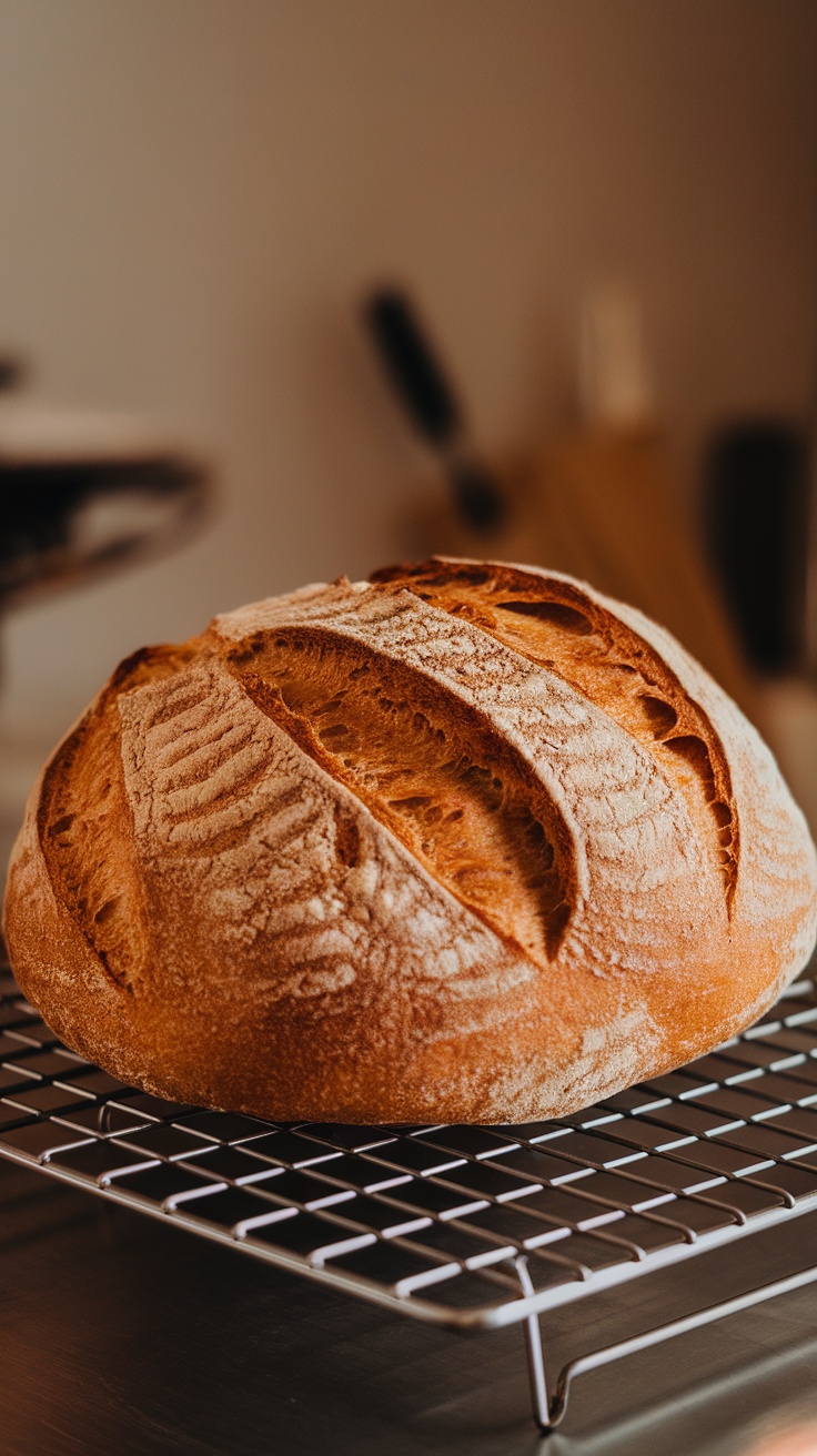 A freshly baked crusty Italian ciabatta bread on a cooling rack.