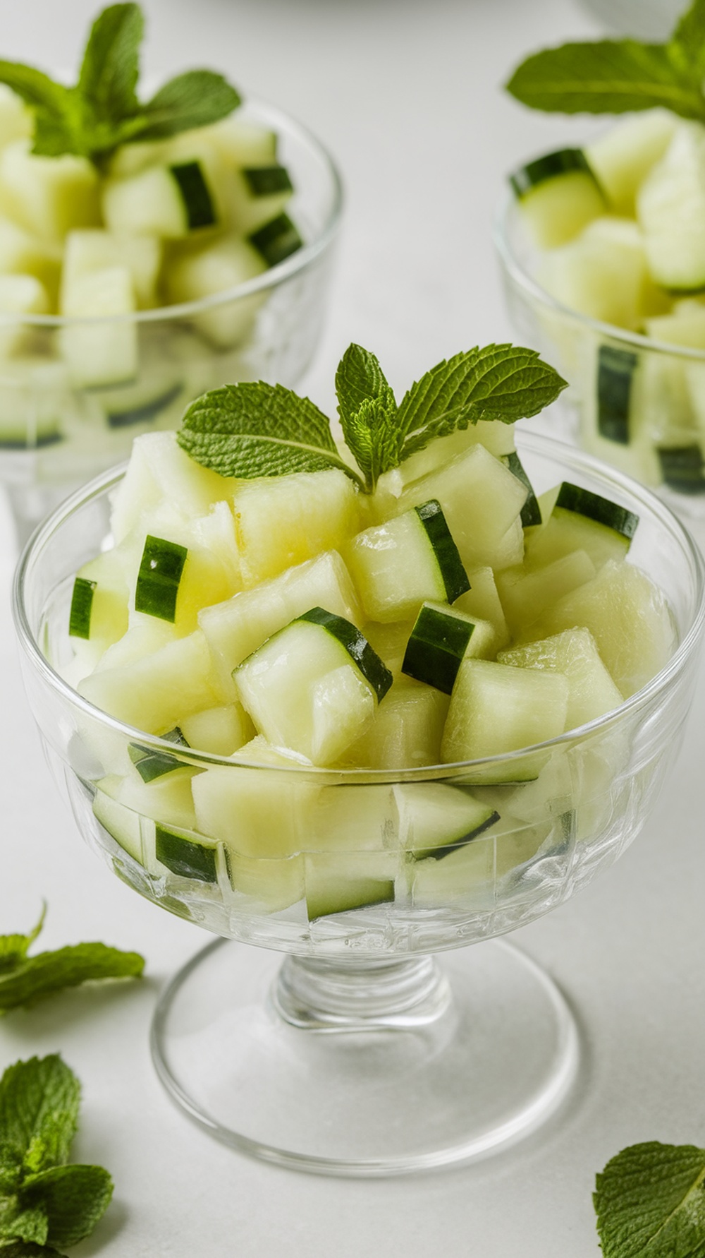 A fresh cucumber and melon salad in a glass bowl, garnished with mint leaves.