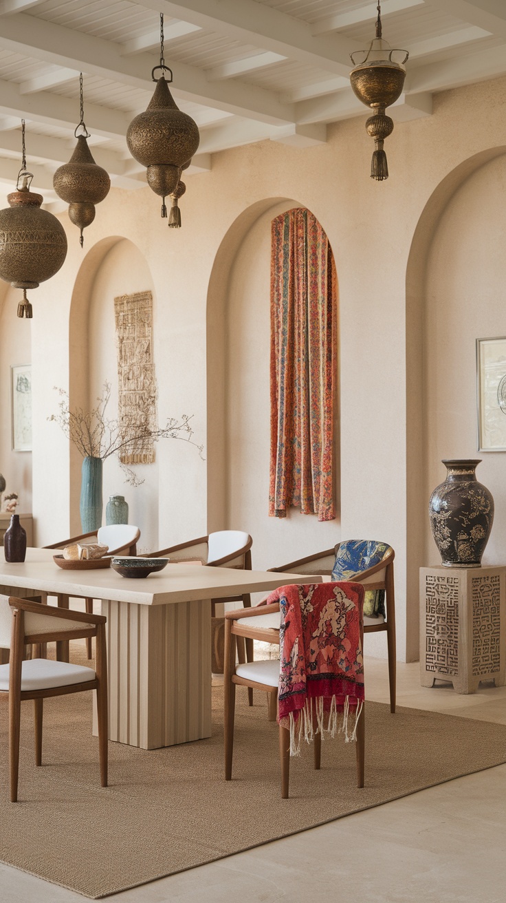 Bohemian dining room featuring cultural decor elements like vibrant textiles and hanging lights.