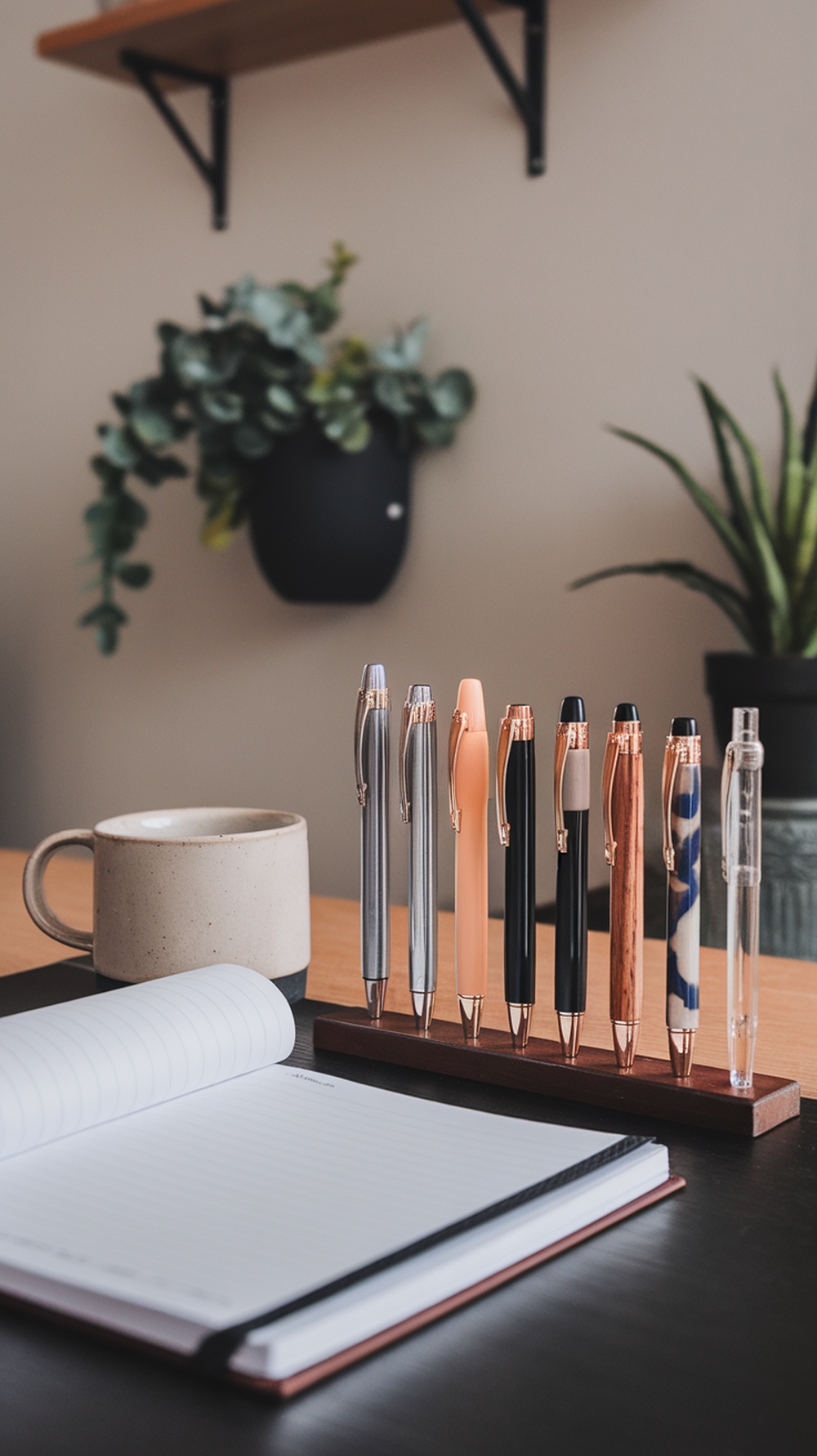 A collection of stylish custom engraved pens on a wooden holder next to a notebook and a mug.