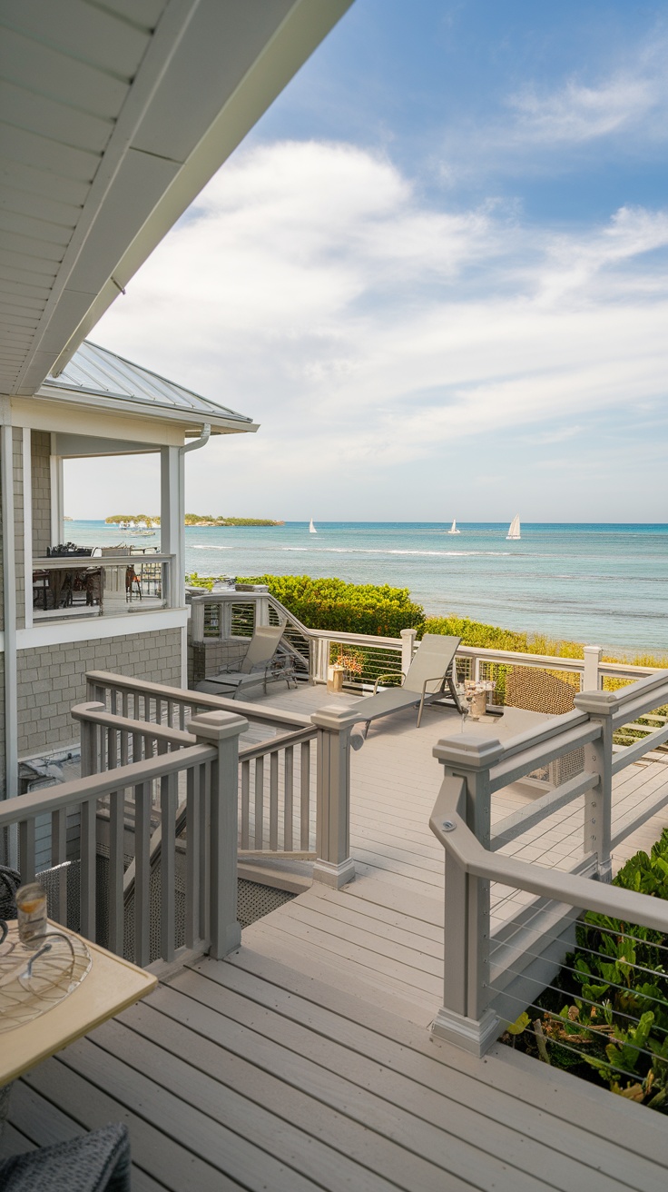A view of a beach house deck overlooking the ocean.
