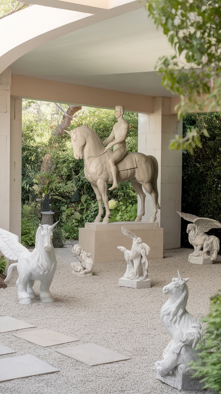 Decorative garden statues including a horse and rider, mythical creatures, and unicorns on a gravel patio.