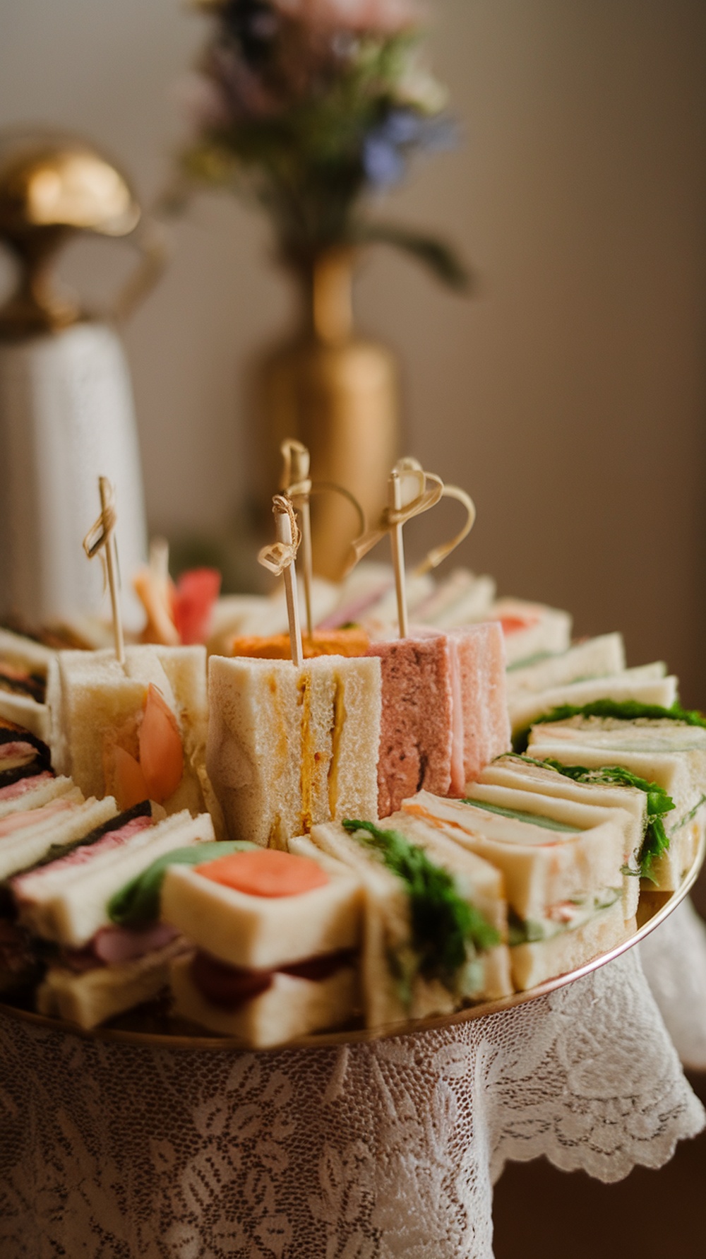A beautiful platter of colorful finger sandwiches arranged elegantly for a high tea party.