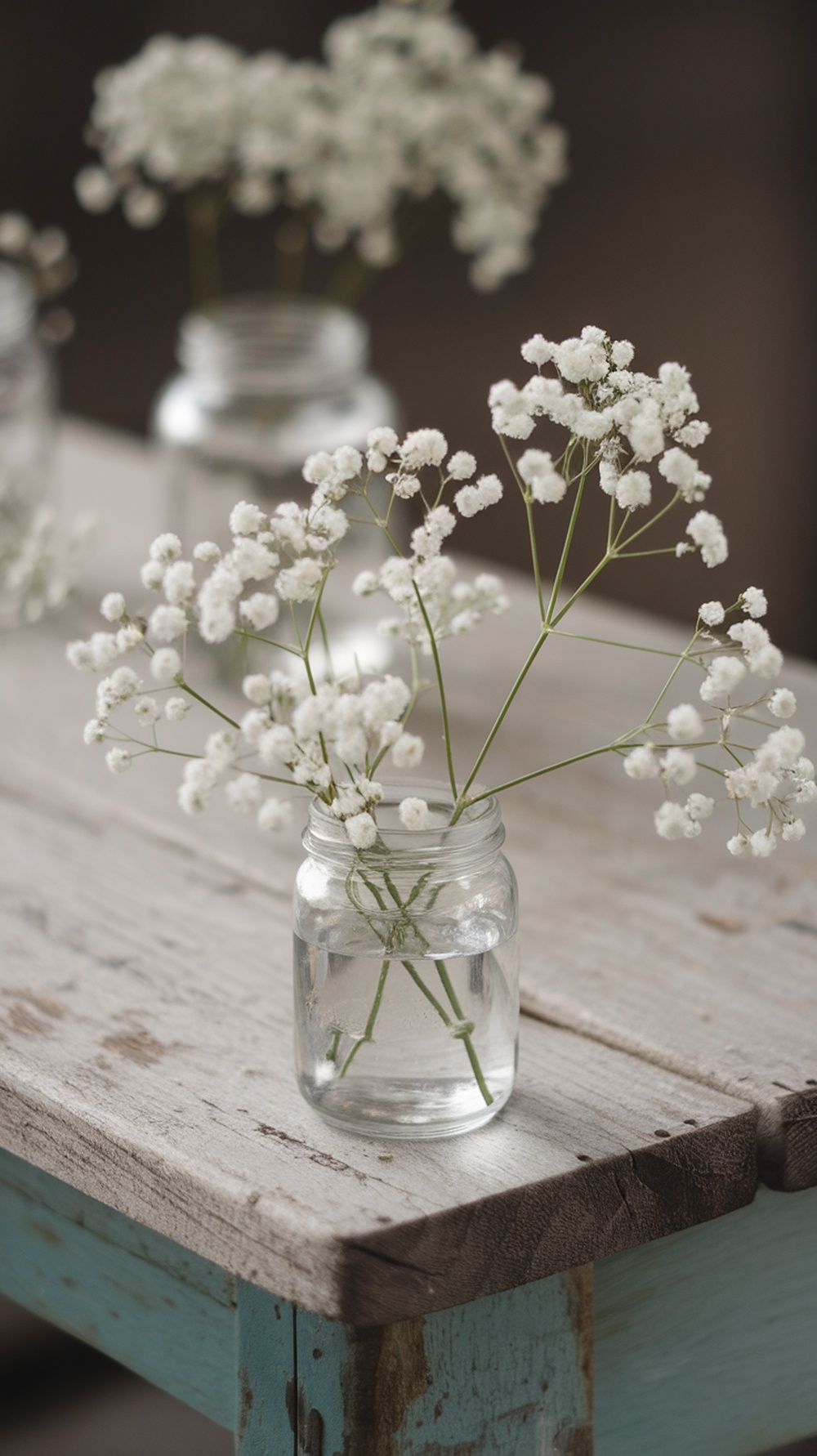 A rustic jar filled with delicate baby’s breath flowers on a wooden table.