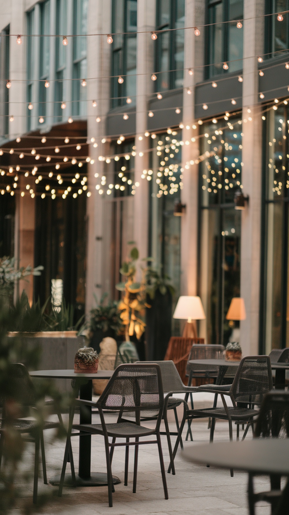 Delicate string lights hanging in an outdoor setting