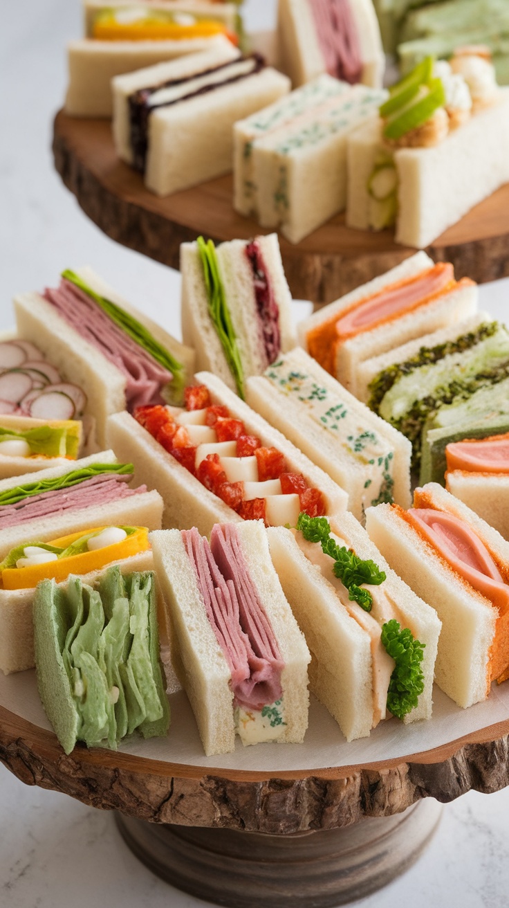 An assortment of colorful finger sandwiches displayed on a wooden platter, featuring various fillings.