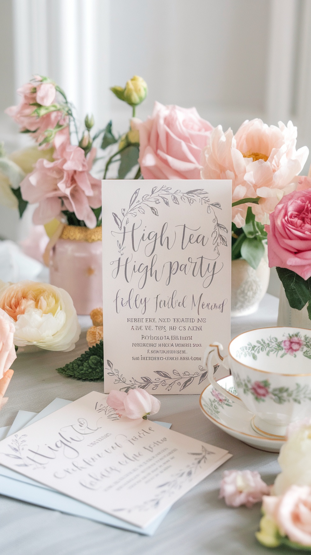 Elegant high tea party invitations with floral designs and a delicate tea cup in the background