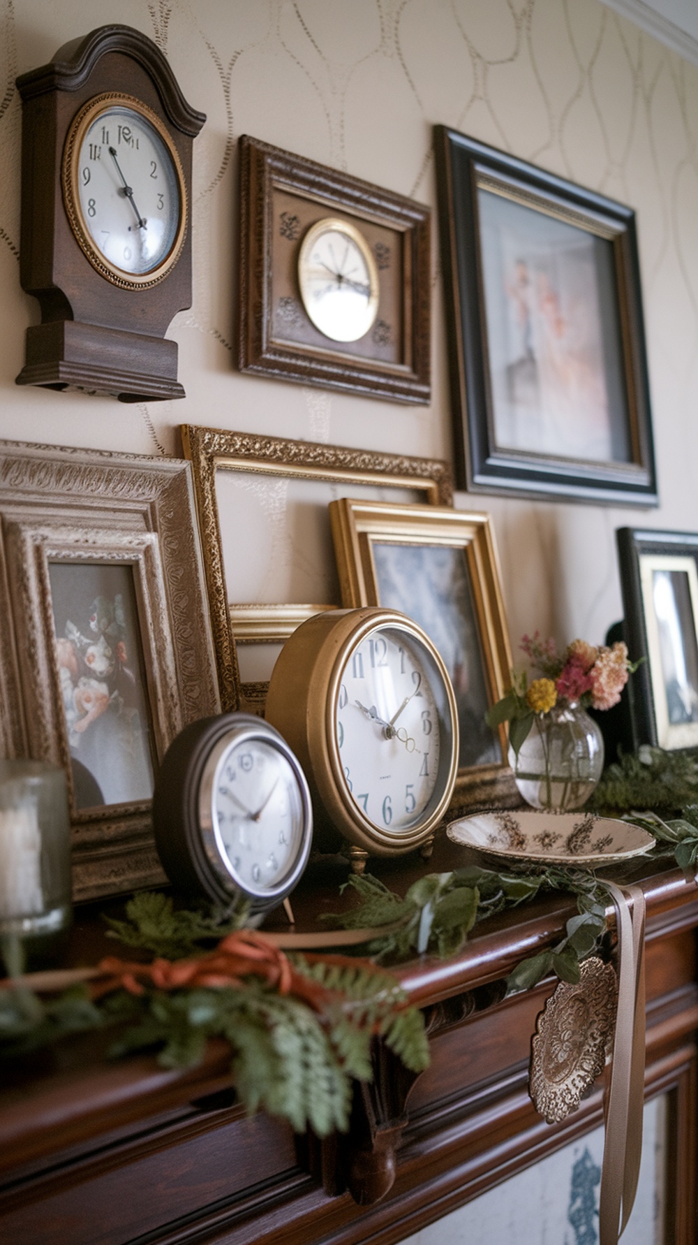 A collection of vintage clocks and framed pictures arranged on a mantel.