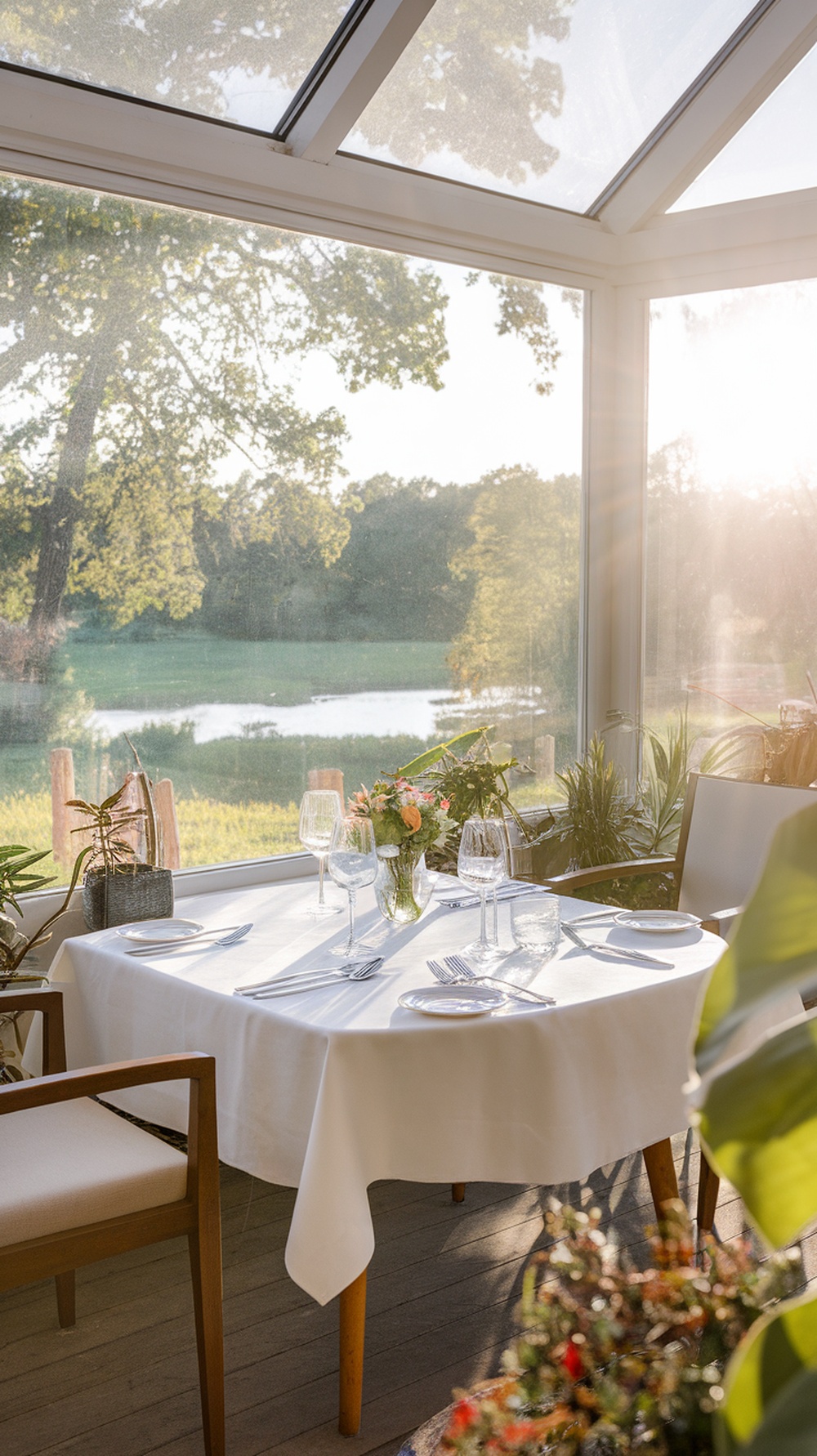 A dining table set for a meal in a sunroom with a scenic view of nature outside.