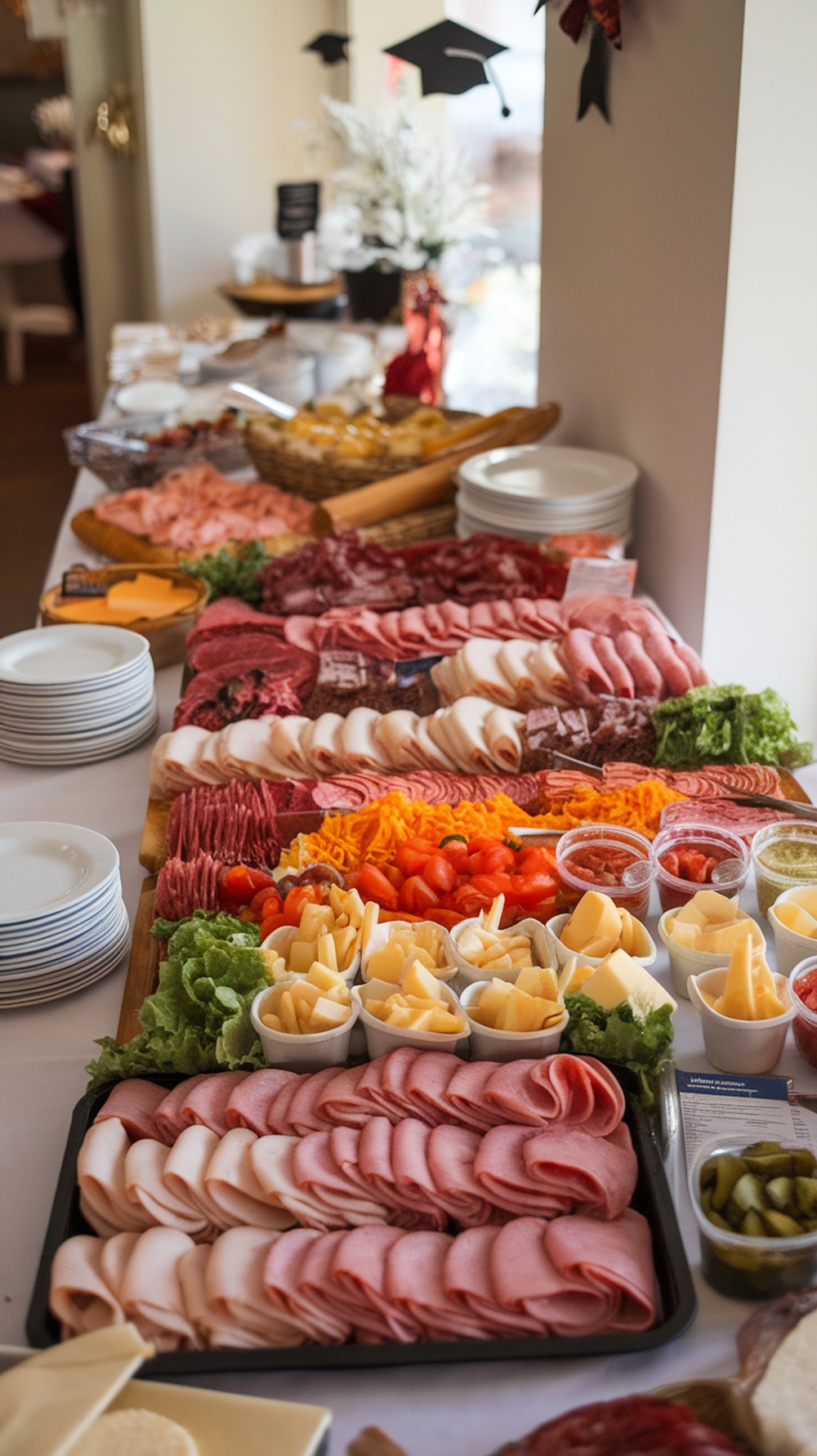A beautifully arranged DIY sandwich station with various meats, cheeses, vegetables, and condiments.