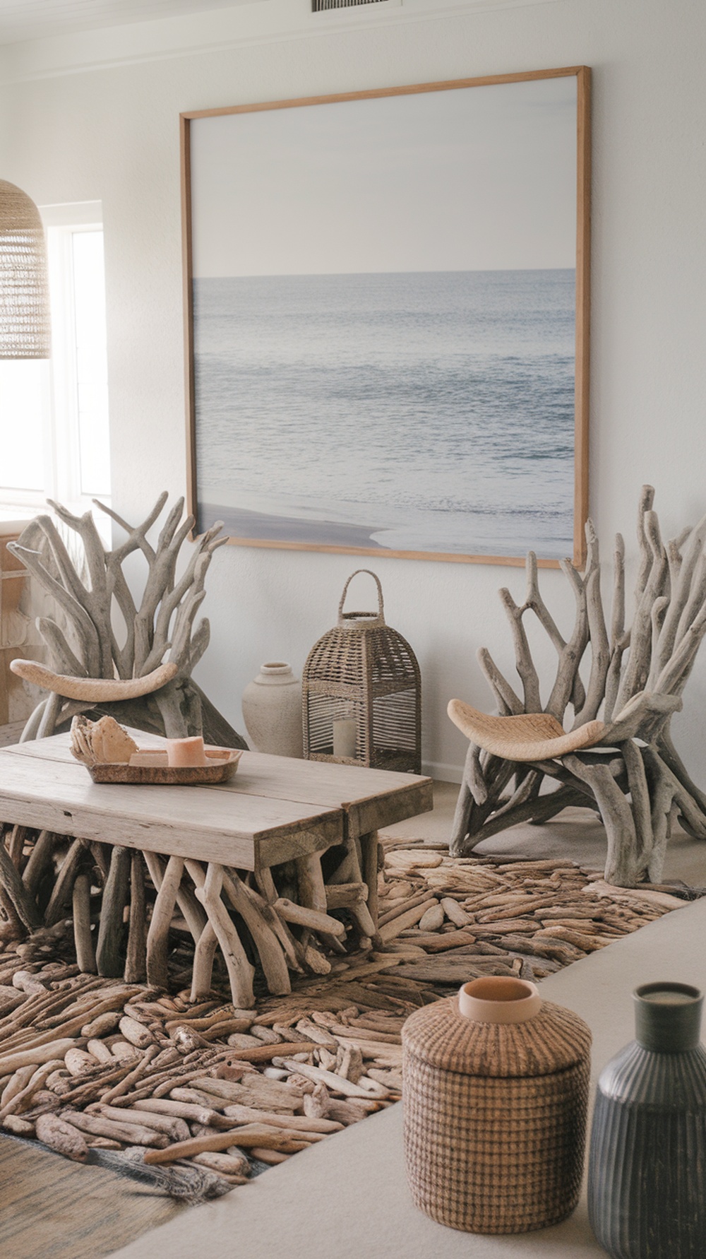 Driftwood-inspired furniture in a modern coastal living room including unique chairs, a rustic coffee table, and woven baskets.