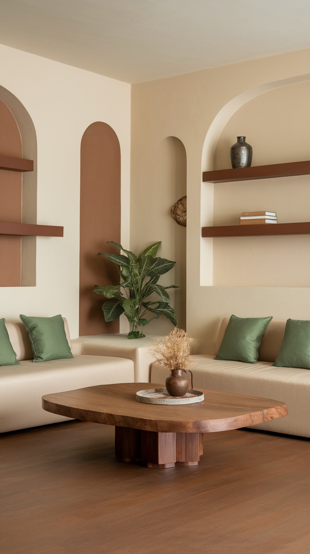 A cozy French country living room featuring earthy tones with green cushions and a wooden coffee table.