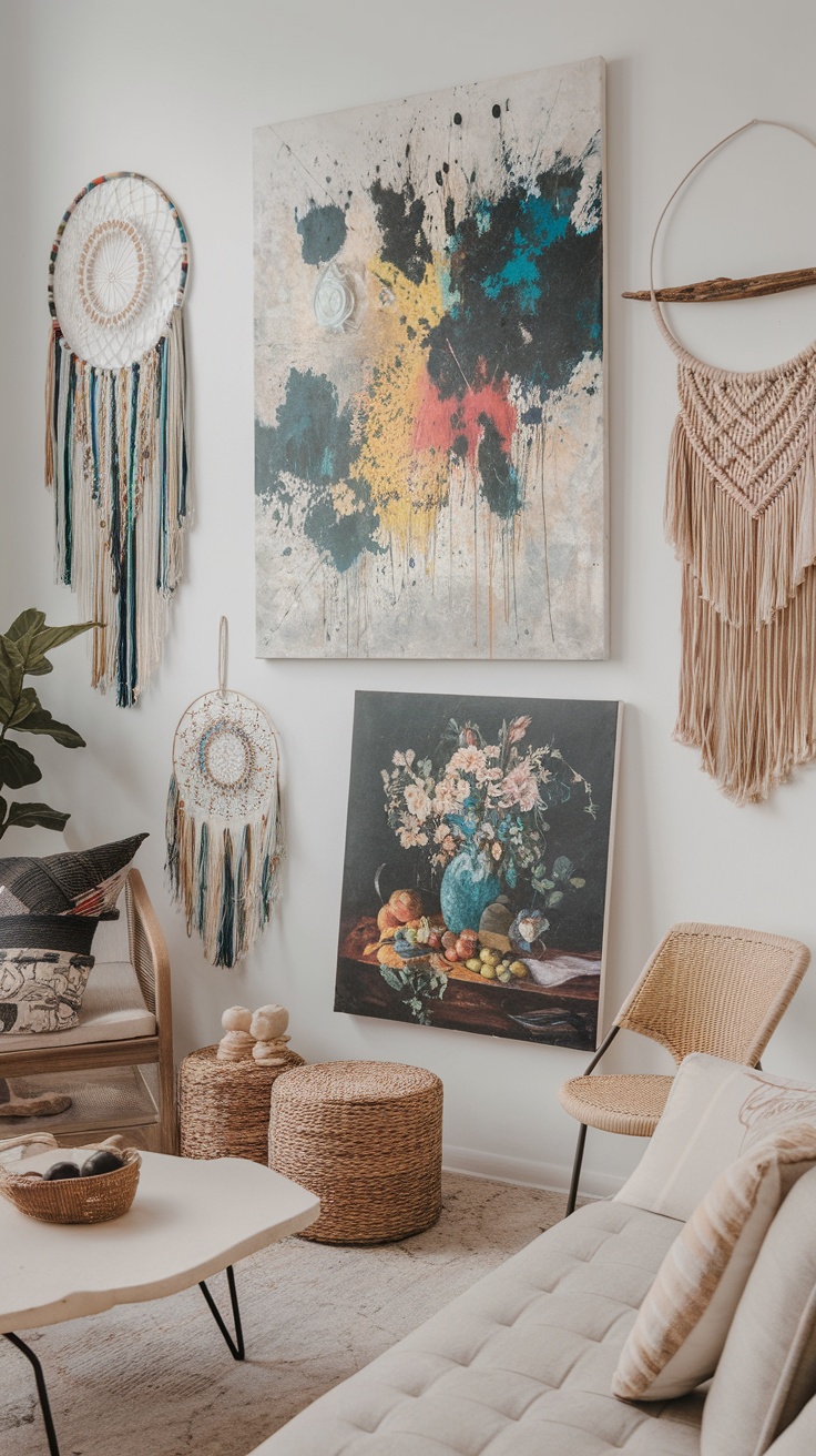 Eclectic art display in a Boho Chic living room featuring a mix of modern and traditional artwork.