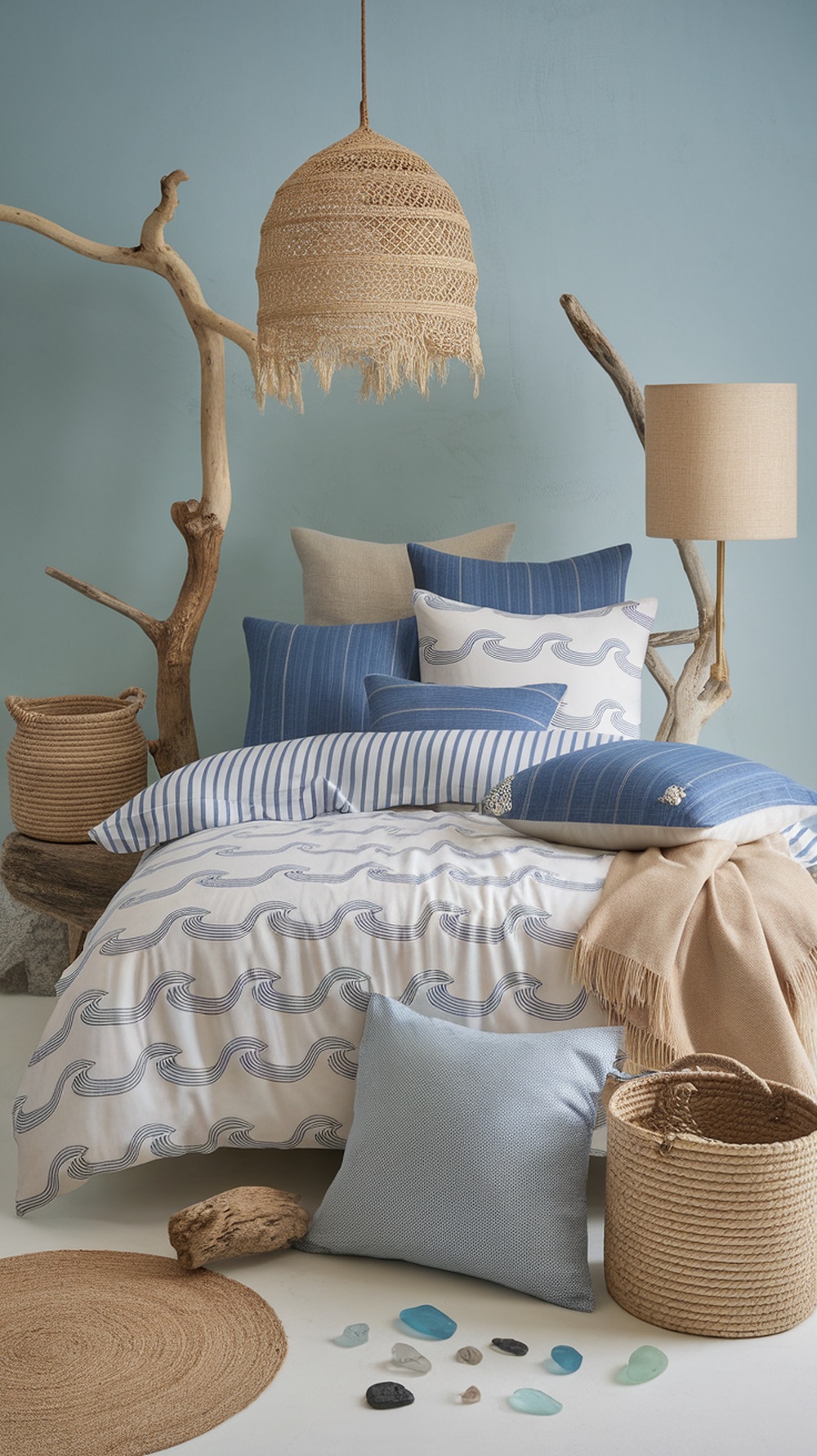 Coastal themed bedding with blue and white colors, surrounded by natural textures and decor.