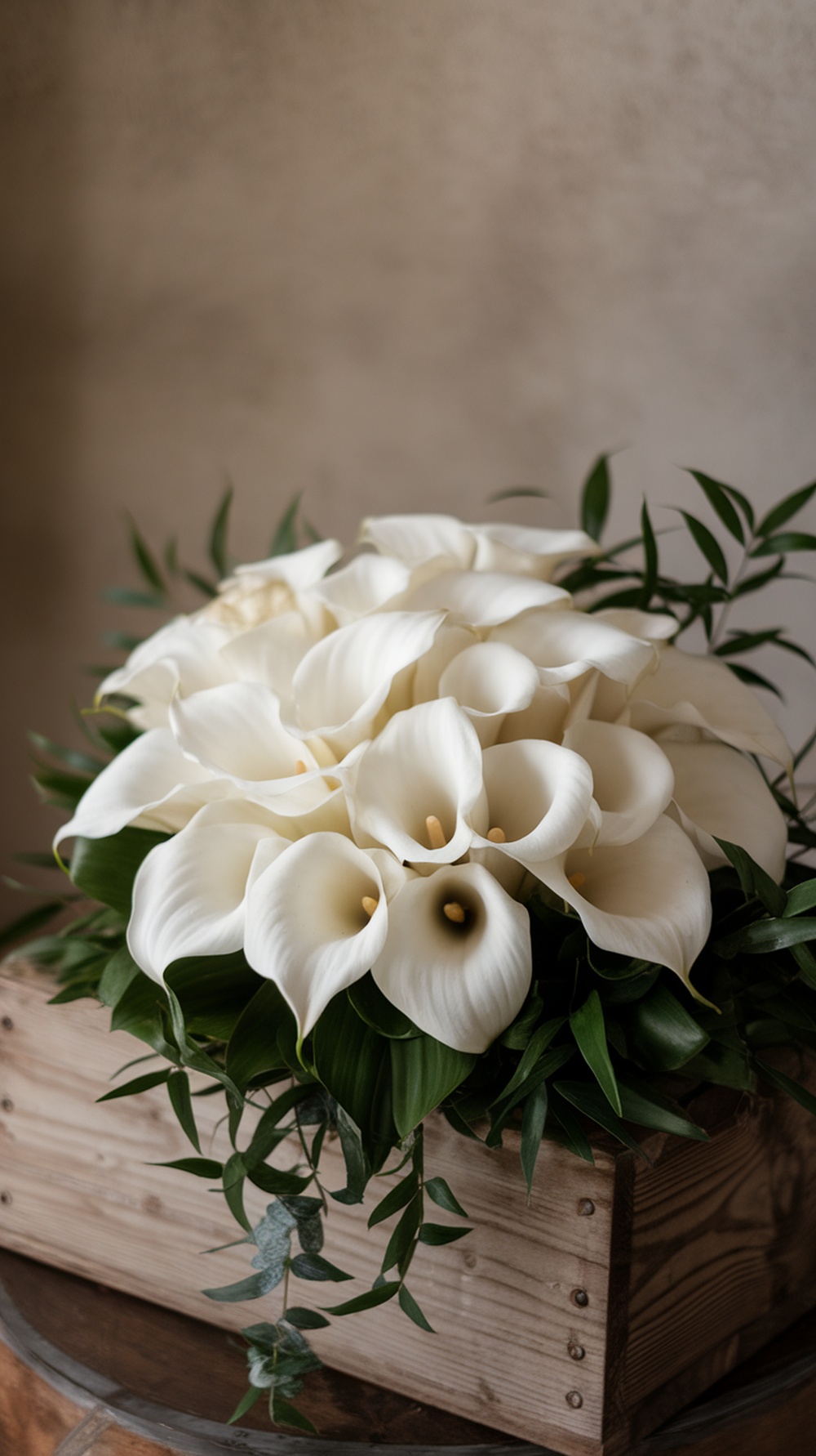 A bouquet of white calla lilies arranged beautifully with green foliage in a wooden box.