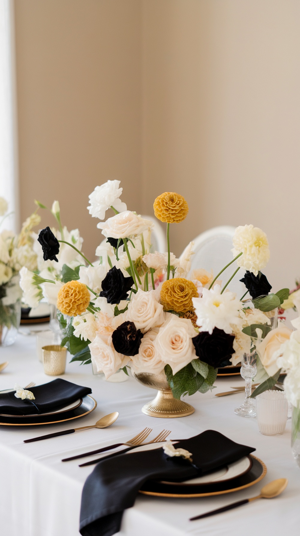 Elegant floral centerpieces on a graduation table with roses, dahlias, black napkins, and gold tableware.