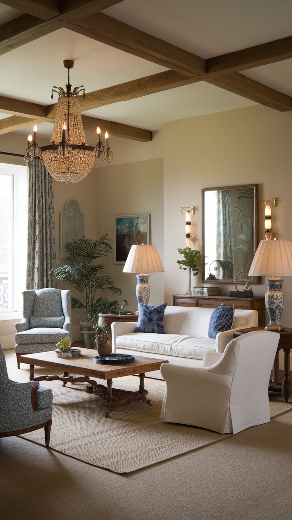 A French country living room with a chandelier, table lamps, and wall sconces.
