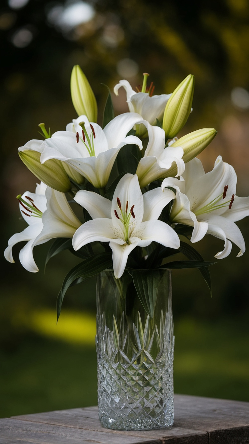 A bouquet of white lilies in a crystal vase