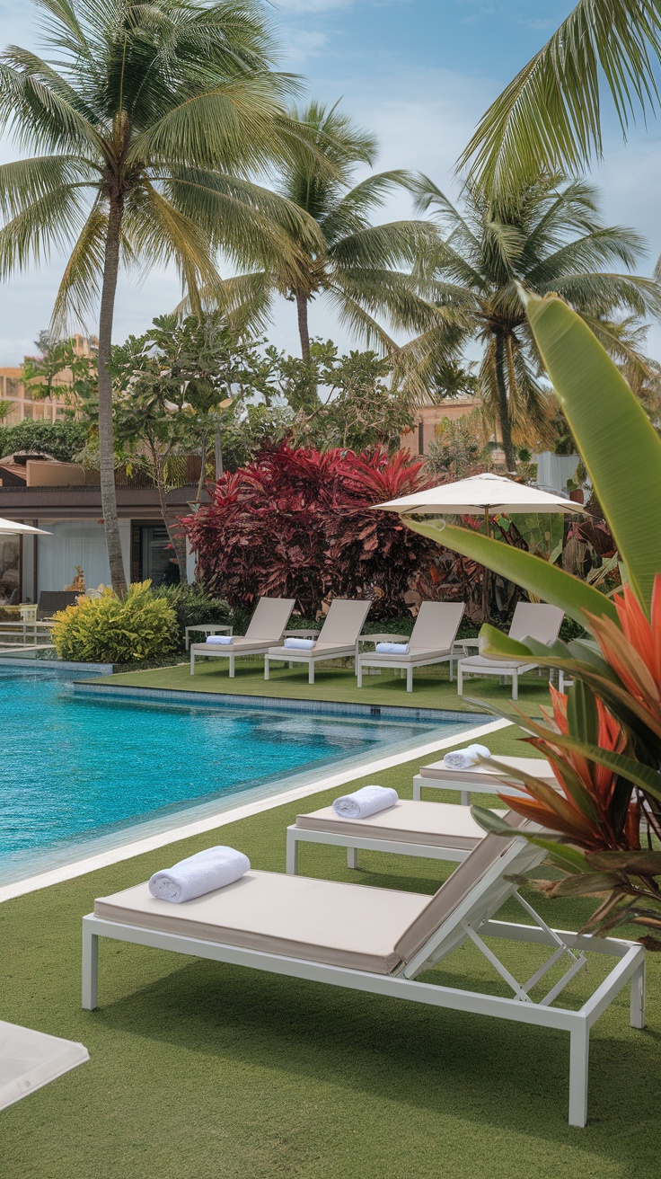 A serene poolside area with loungers, towels, and tropical plants