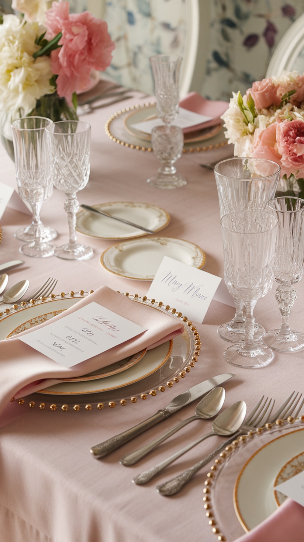 An elegantly set table for Mother's Day featuring soft colors, flowers, and personalized place cards.