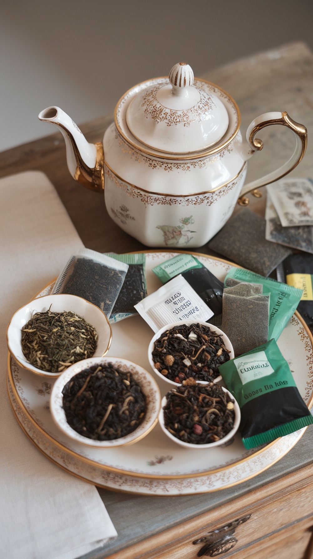 A teapot with assorted loose leaf teas and tea bags on a decorative plate.